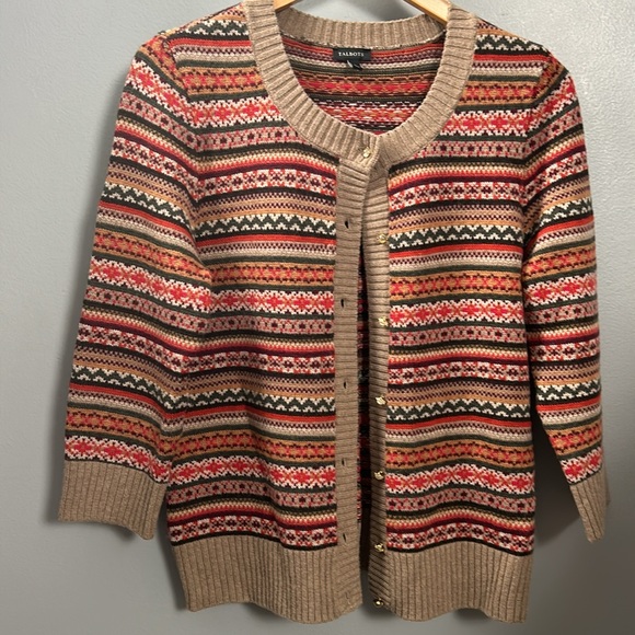 Talbots Nordic Fair Isle Wool Blend Fall Inspired Cardigan Sweater Size L - Picture 2 of 10